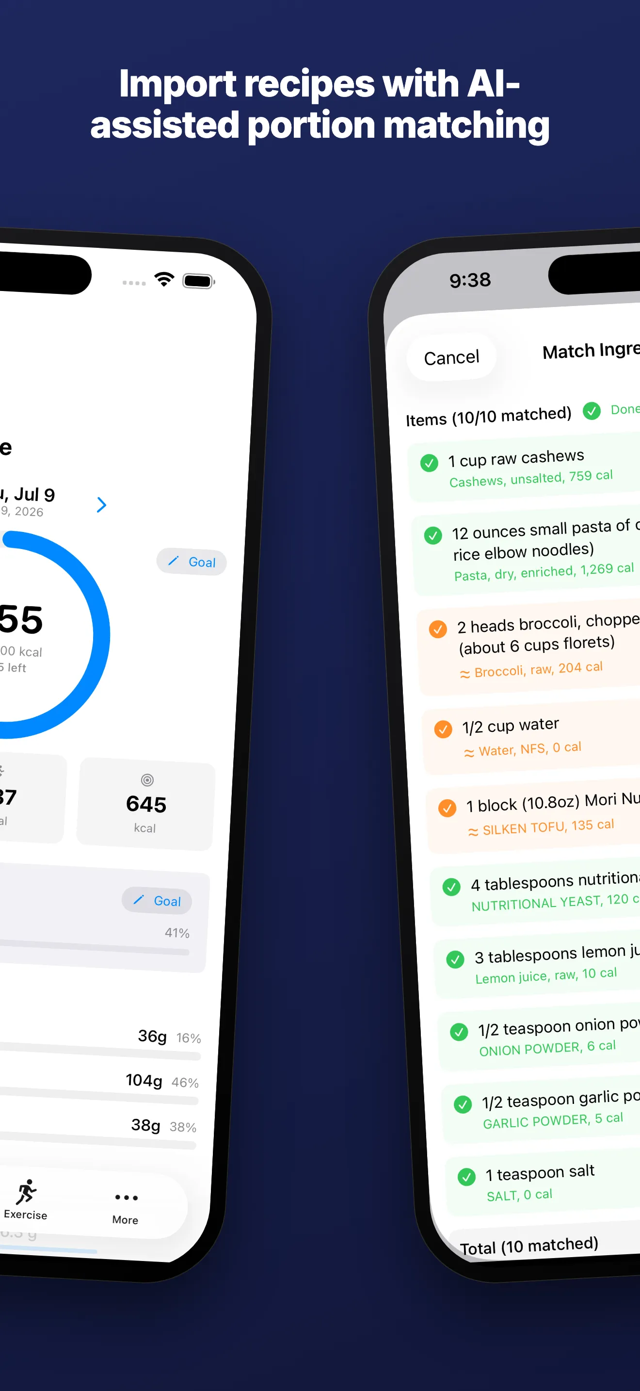 Recipe ingredients matched automatically to USDA nutrition entries