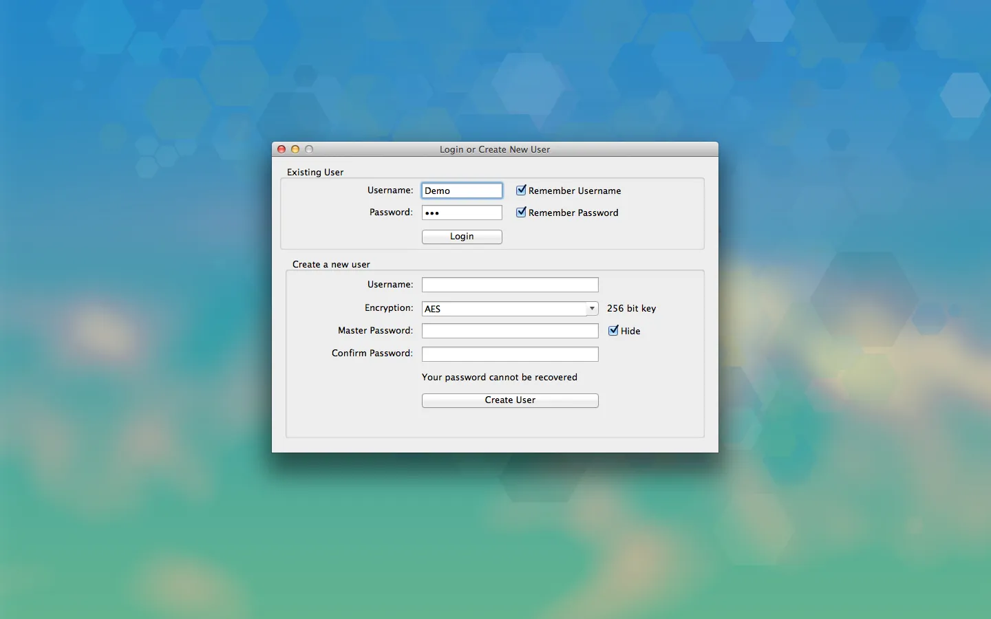 The login window, with an encryption dropdown set to AES and a master password field