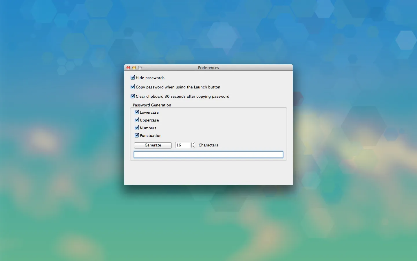 The Preferences window with password generation and clipboard options